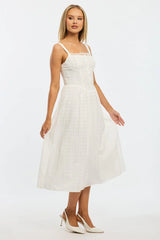 White Midi Dress Gathered Bust Lace Trim