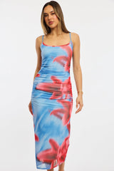 Blue Floral Bodycon Dress Singlet Mesh