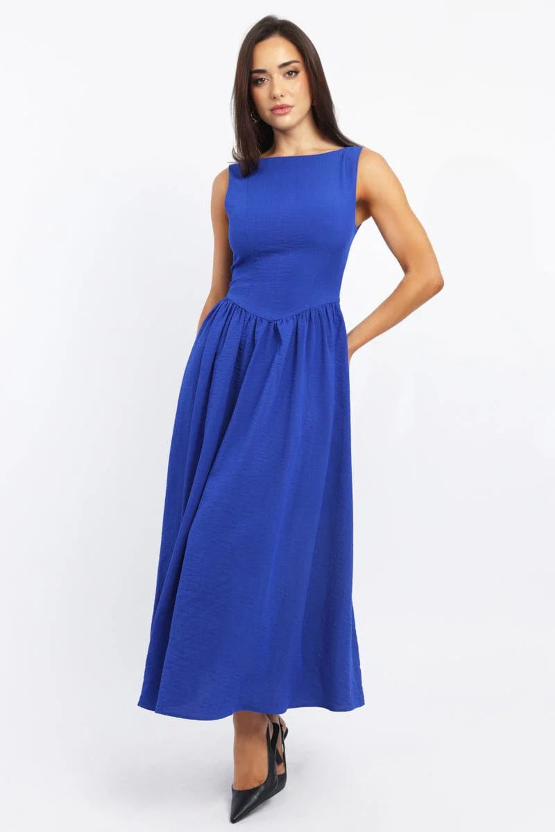 Blue Dropped Waist Maxi Dress