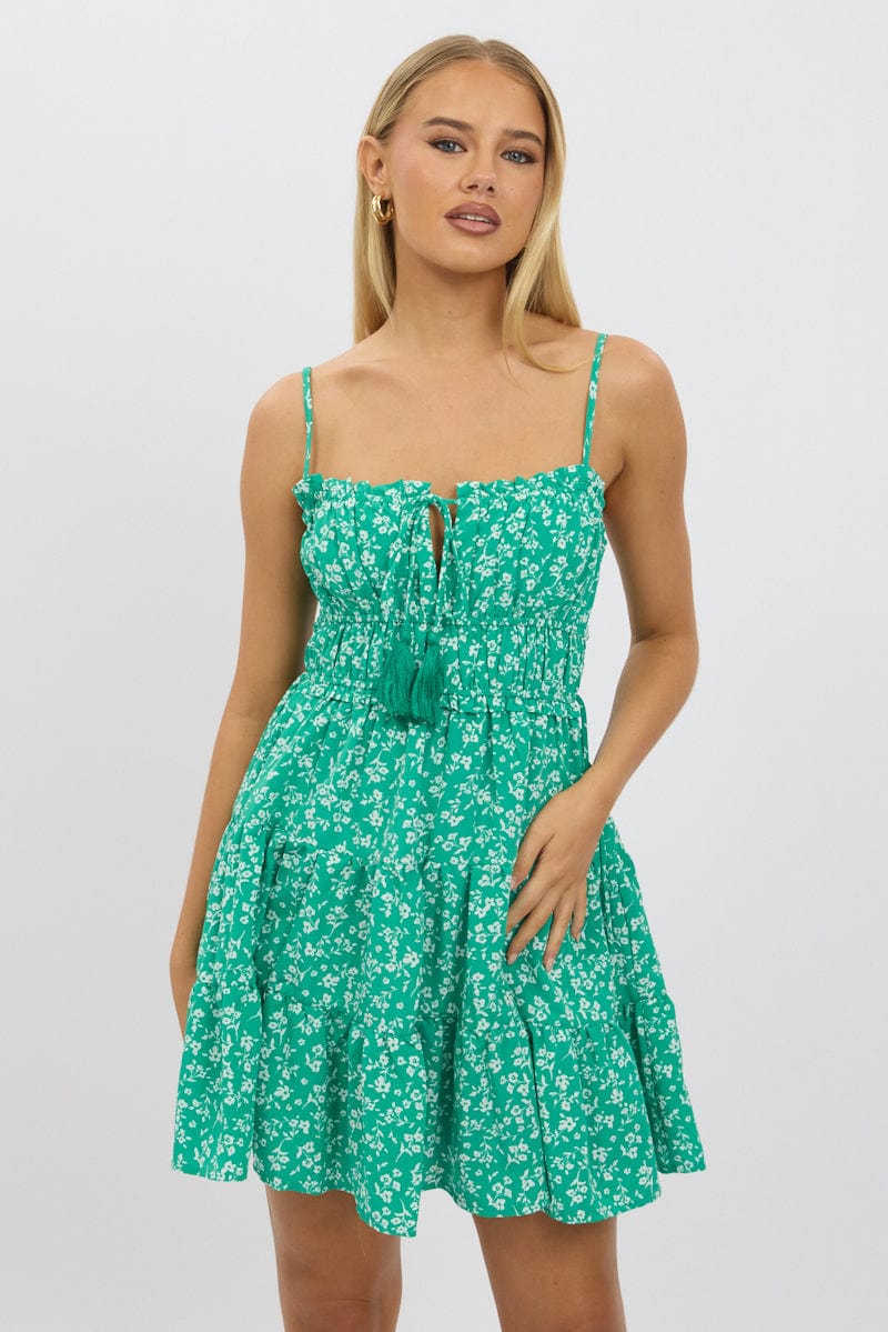 Green Ditsy Fit And Flare Dress Mini