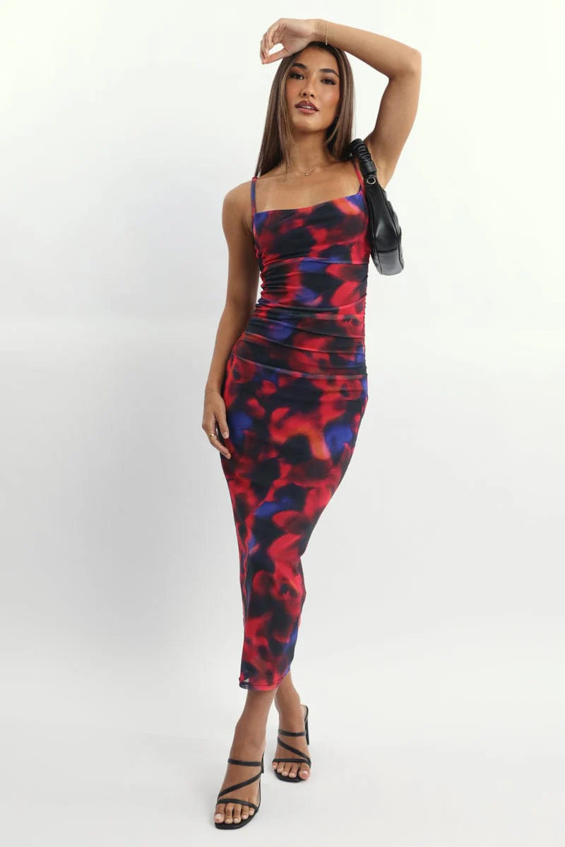 Multi Floral Bodycon Dress Mesh Maxi