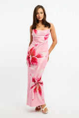 Pink Floral Maxi Dress Cowl Neck