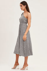 Stripe Check One Shoulder Midi Dress