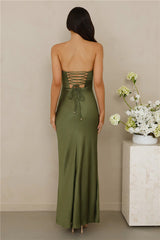 The Seraphina Strapless Satin Maxi Dress Olive