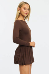 Brown Bubble Mini Dress Long Sleeve