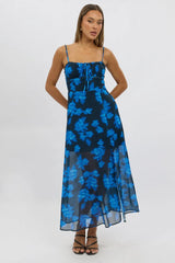 Blue Abstract Midi Dress Gathered Bust
