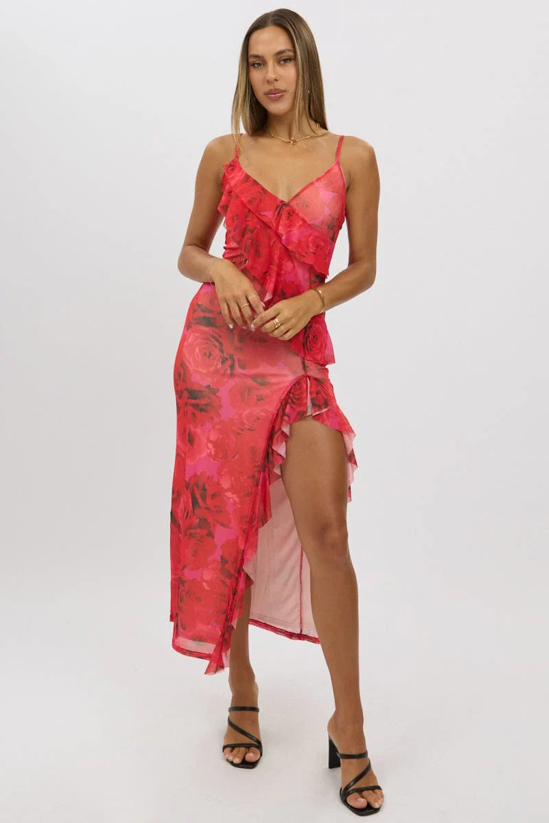 Red Floral Bodycon Dress Ruffle Mesh