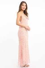 Pink Ditsy Maxi Dress Cowl Neck