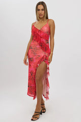 Red Floral Bodycon Dress Ruffle Mesh