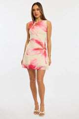 Yellow Floral Mini Dress Round Neck