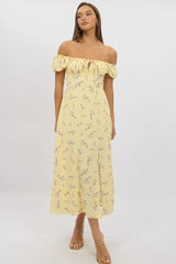 Yellow Floral Midi Dress Ruched Bust
