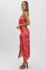 Red Floral Bodycon Dress Ruffle Mesh