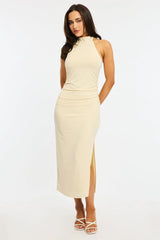 Yellow Bodycon Dress High Neck Side Ruched