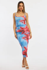 Blue Floral Bodycon Dress Singlet Mesh