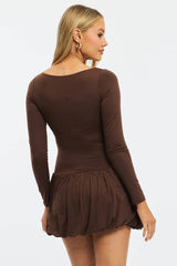 Brown Bubble Mini Dress Long Sleeve