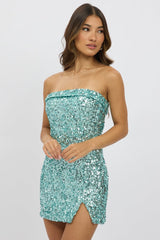 Blue Bodycon Dress Sequin Strapless