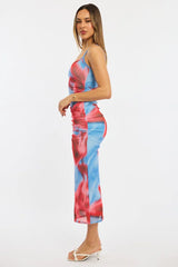 Blue Floral Bodycon Dress Singlet Mesh