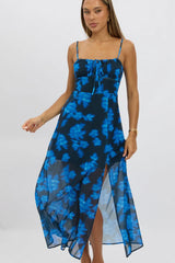 Blue Abstract Midi Dress Gathered Bust