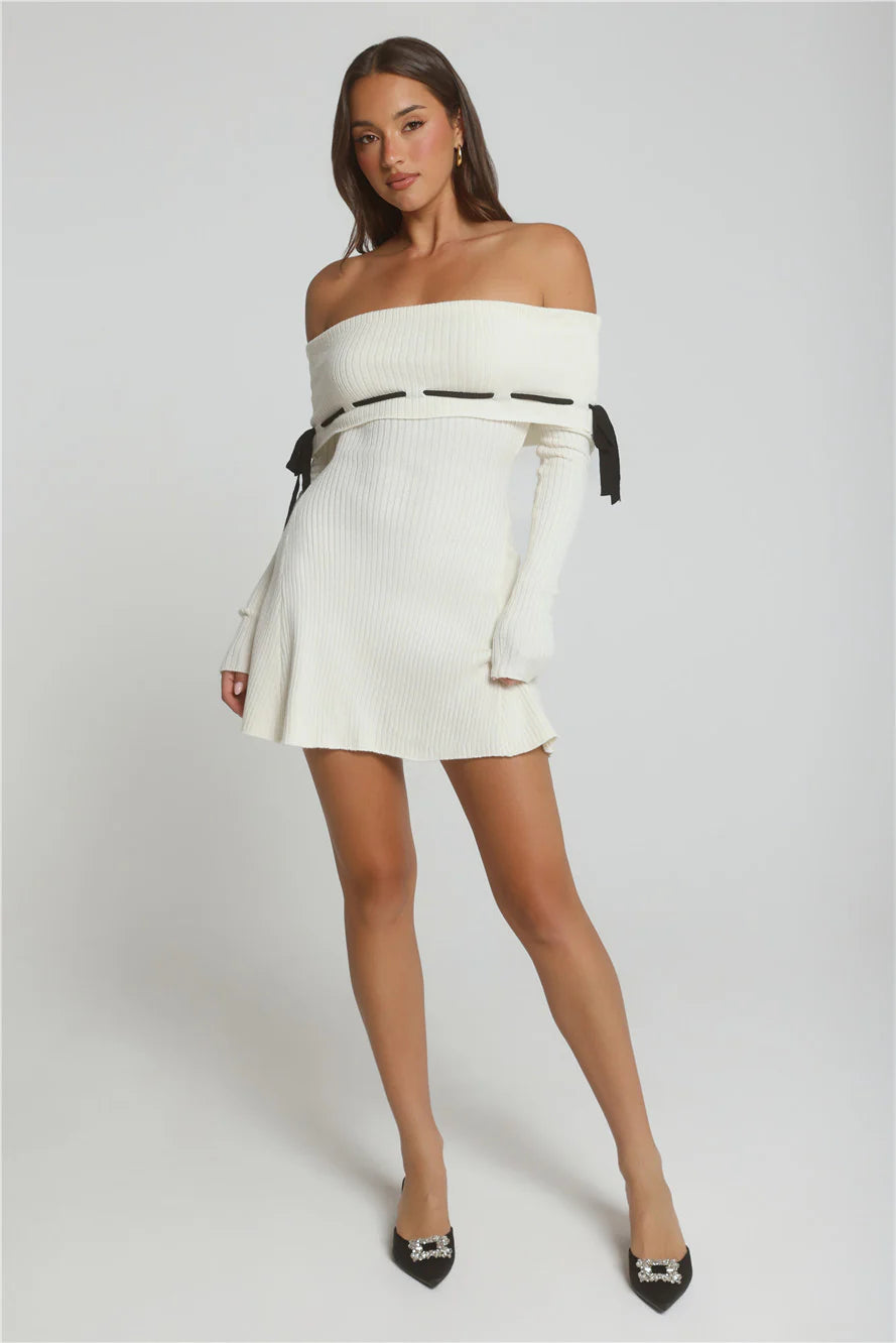 Winter Spice Off Shoulder Knit Mini Dress Cream