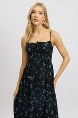 Black Floral Midi Dress Tiered Strappy
