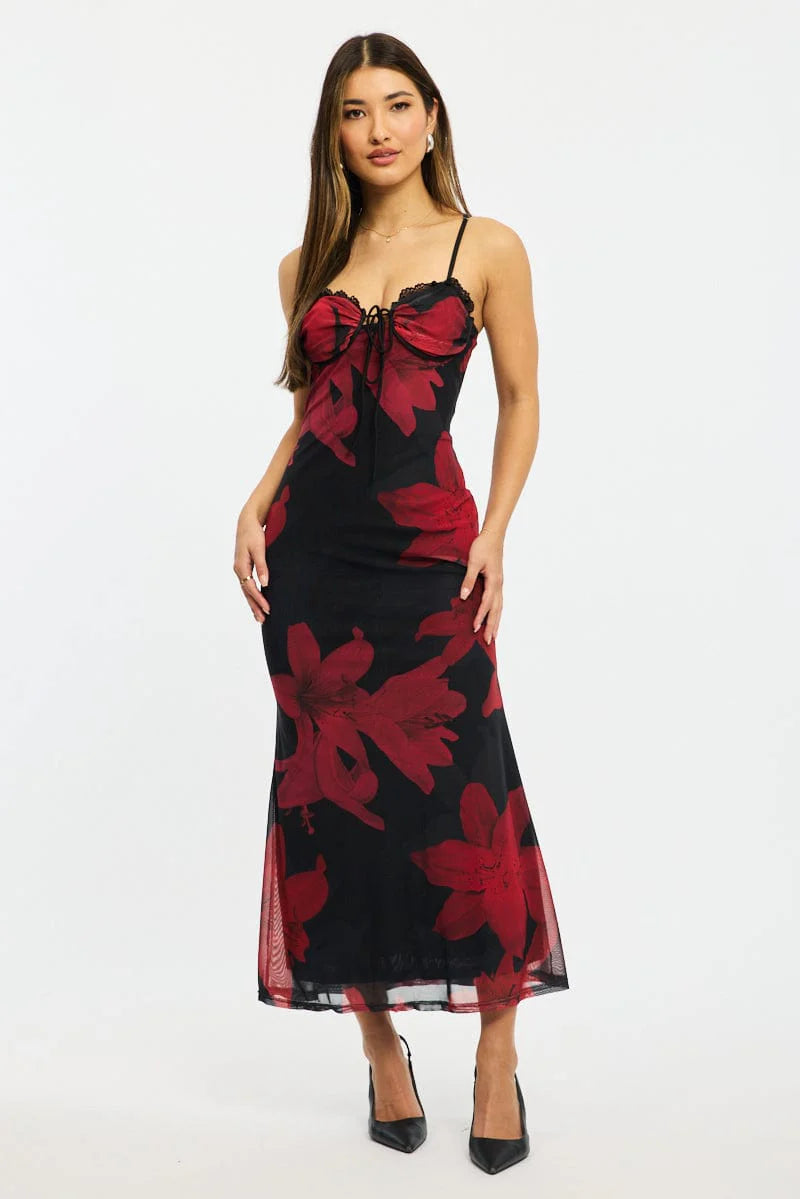 Black Ditsy Bodycon Dress Maxi