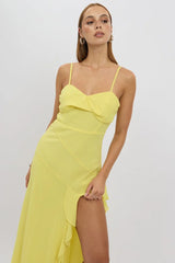 Yellow Bodycon Dress Maxi Ruffle Slit Chiffon