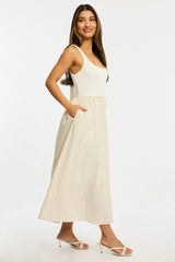 Beige Stripe Knit Dress Maxi