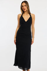 Black Halter Neck Dress Eyelet Fabric