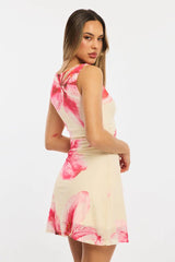 Yellow Floral Mini Dress Round Neck