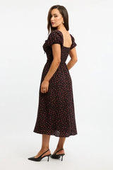 Black Ditsy Midi Dress Puff Sleeve