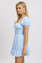 Blue Check Fit And Flare Dress Puff Sleeve Mini