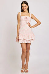 White Ditsy Mini Dress Frilled Hem