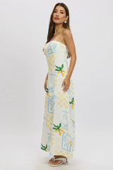 Yellow Abstract Strapless Maxi Dress