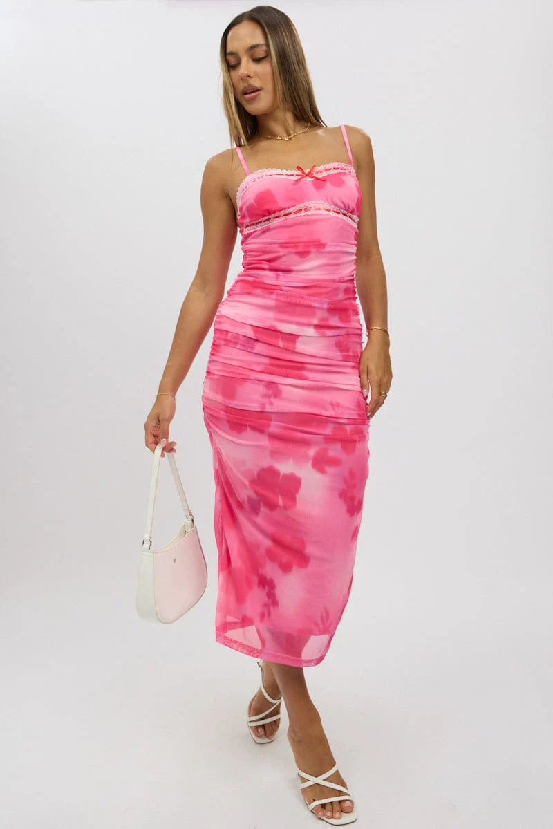 Pink Floral Bodycon Dress Singlet Mesh Midi