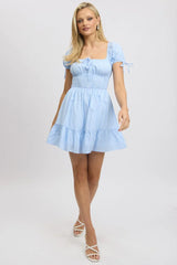 Blue Check Fit And Flare Dress Puff Sleeve Mini
