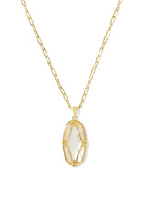 Elle Lattice Frame Gold Large Long Pendant Necklace Ivory Mother Of Pearl