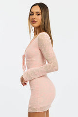 Pink Bodycon Dress Mini Long Sleeve Burnout