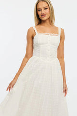 White Midi Dress Gathered Bust Lace Trim