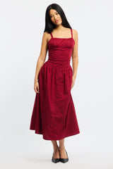 Red Midi Dress Sleeveless Poplin