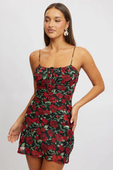 Red Floral Mini Dress Bias