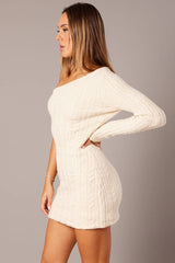 Beige One Shoulder Knitted Dress Long Sleeve