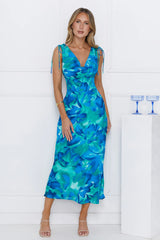 Saltwater Escape Satin Maxi Dress Blue